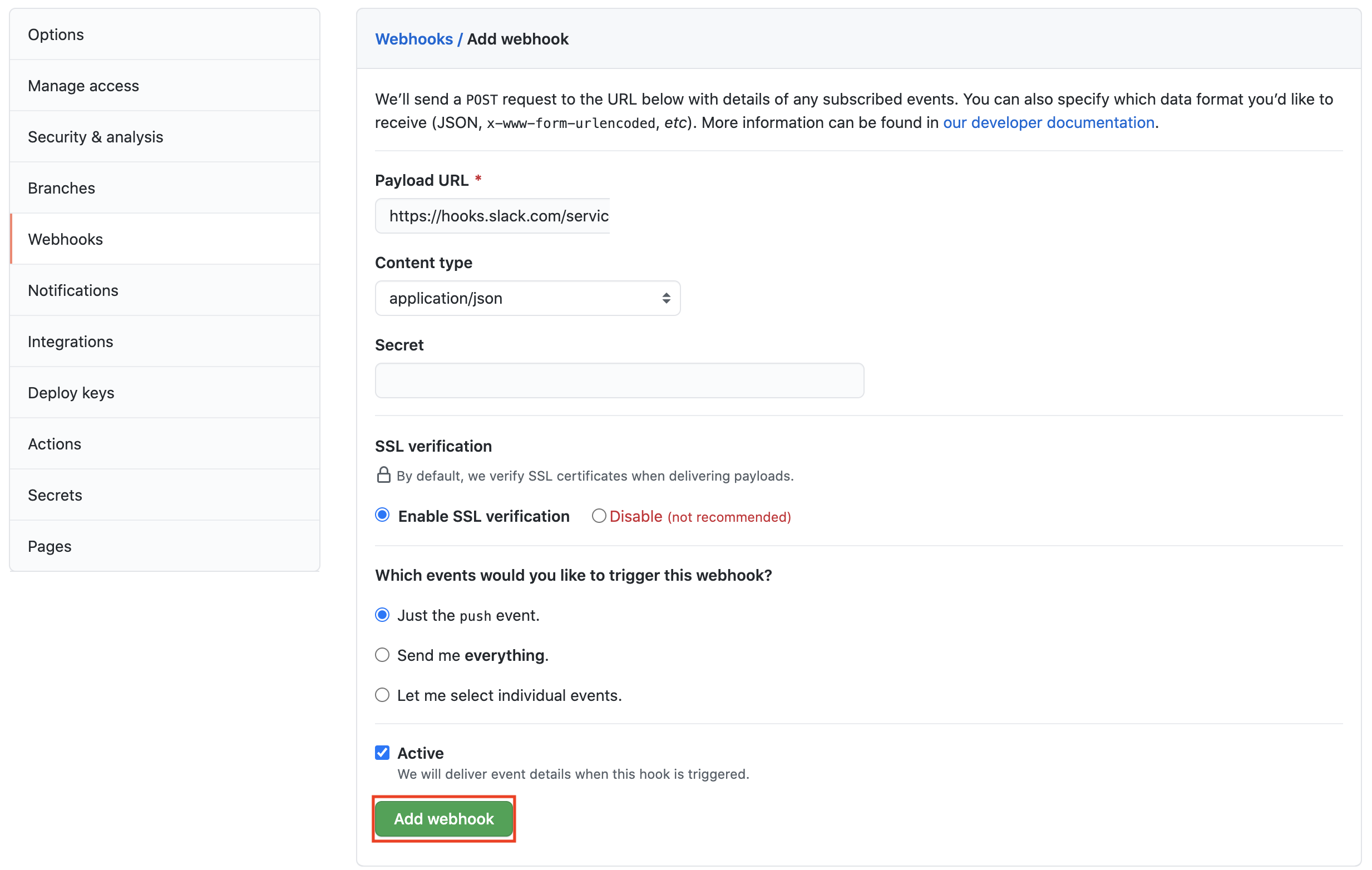 Slackの設定を入力する｜SlackとGitHubのWebhook連携で400エラー（no_text）