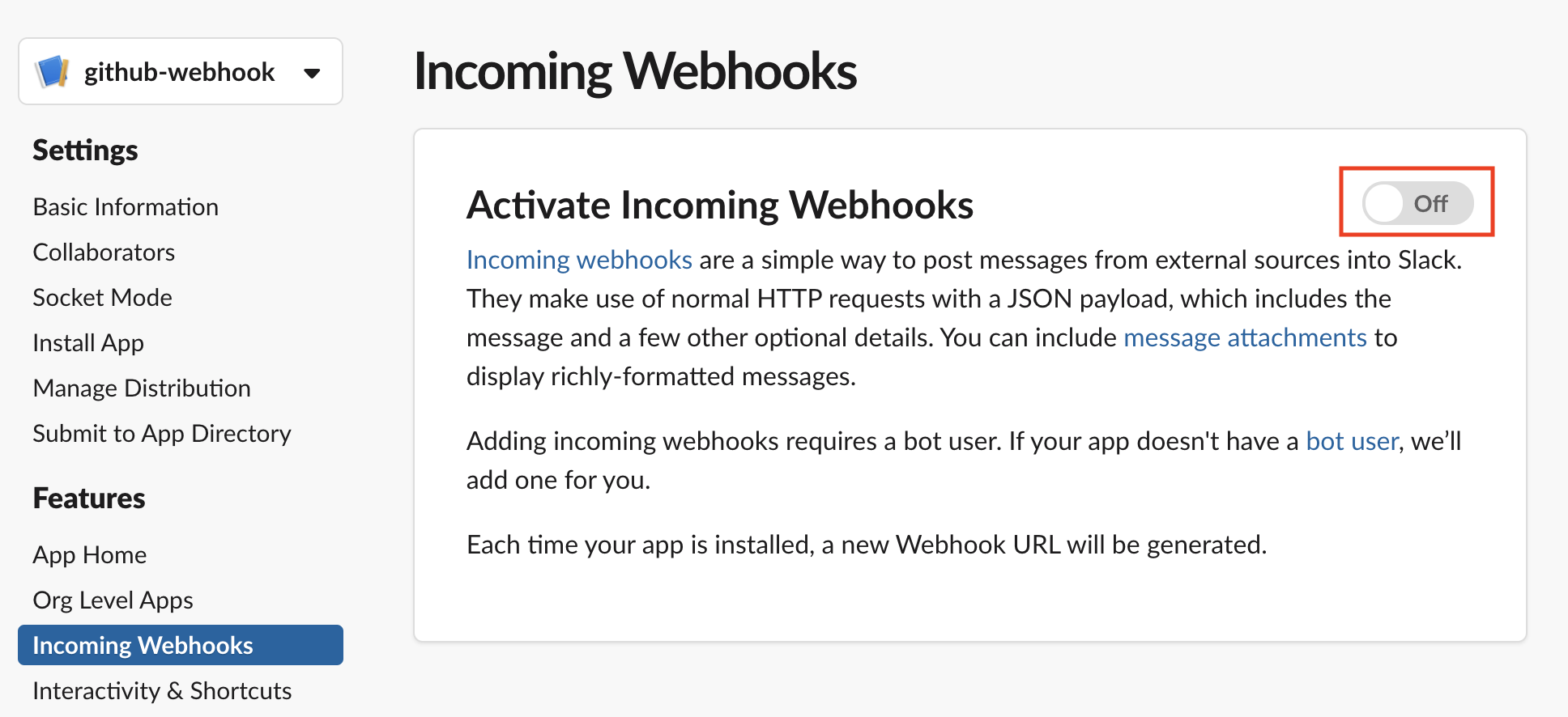 Activate Incoming WebhooksをONにする｜SlackとGitHubのWebhook連携で400エラー（no_text）