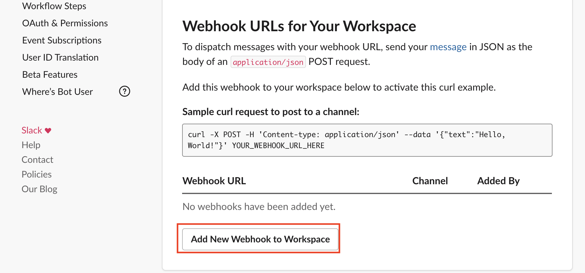Add New Webhook to Workspaceをクリックする｜SlackとGitHubのWebhook連携で400エラー（no_text）