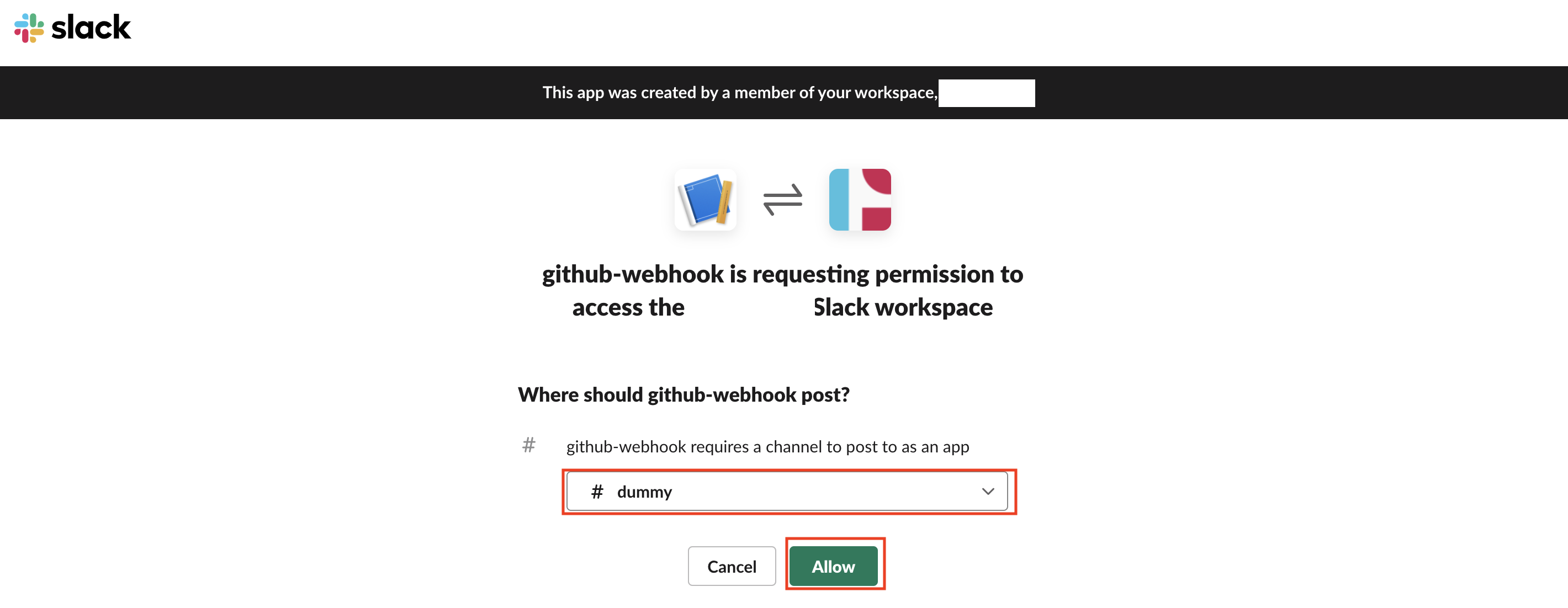 POSTするチャンネルを選択し、Allowをクリックする｜SlackとGitHubのWebhook連携で400エラー（no_text）