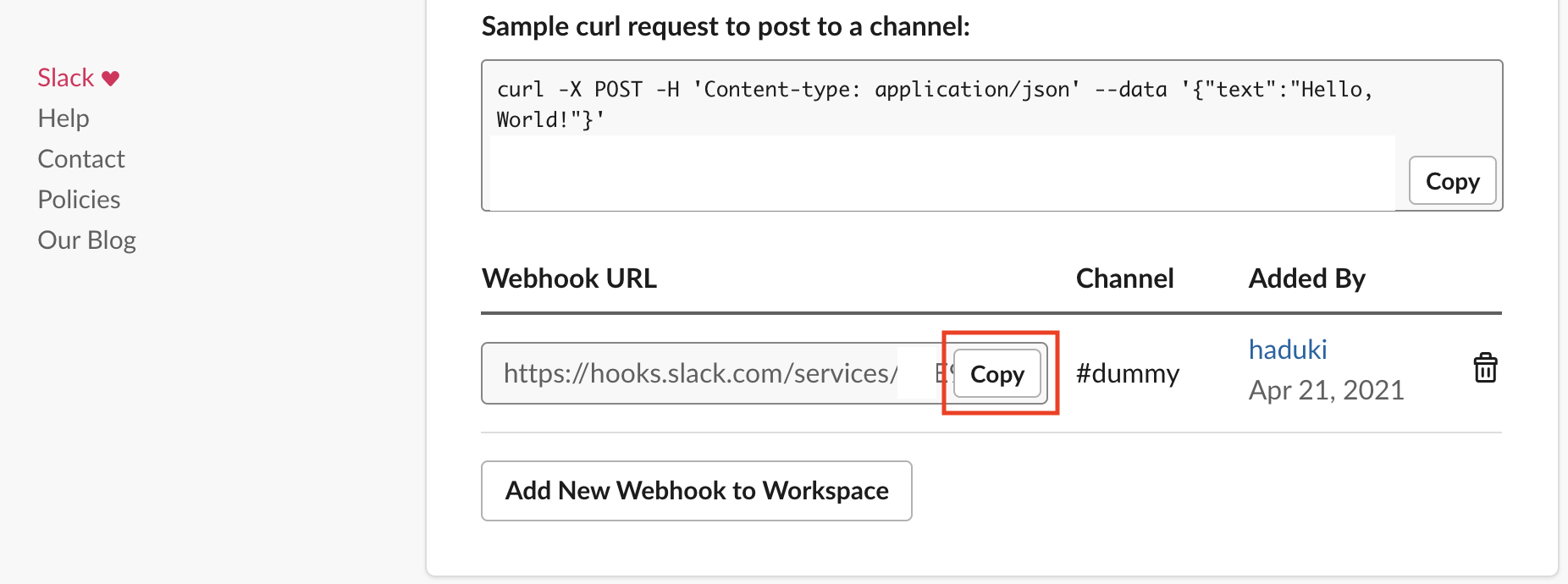 Webhook URLをコピーする｜SlackとGitHubのWebhook連携で400エラー（no_text）